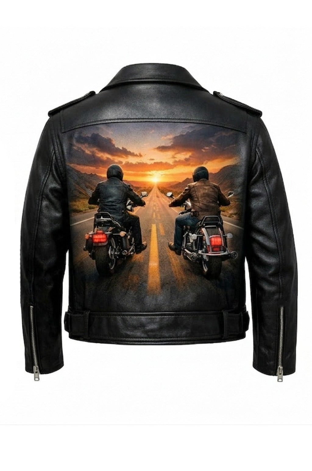 MP004 Sunset Riders Brotherhood Leather Jacket - Two Bikers Riding Into Sunset Design