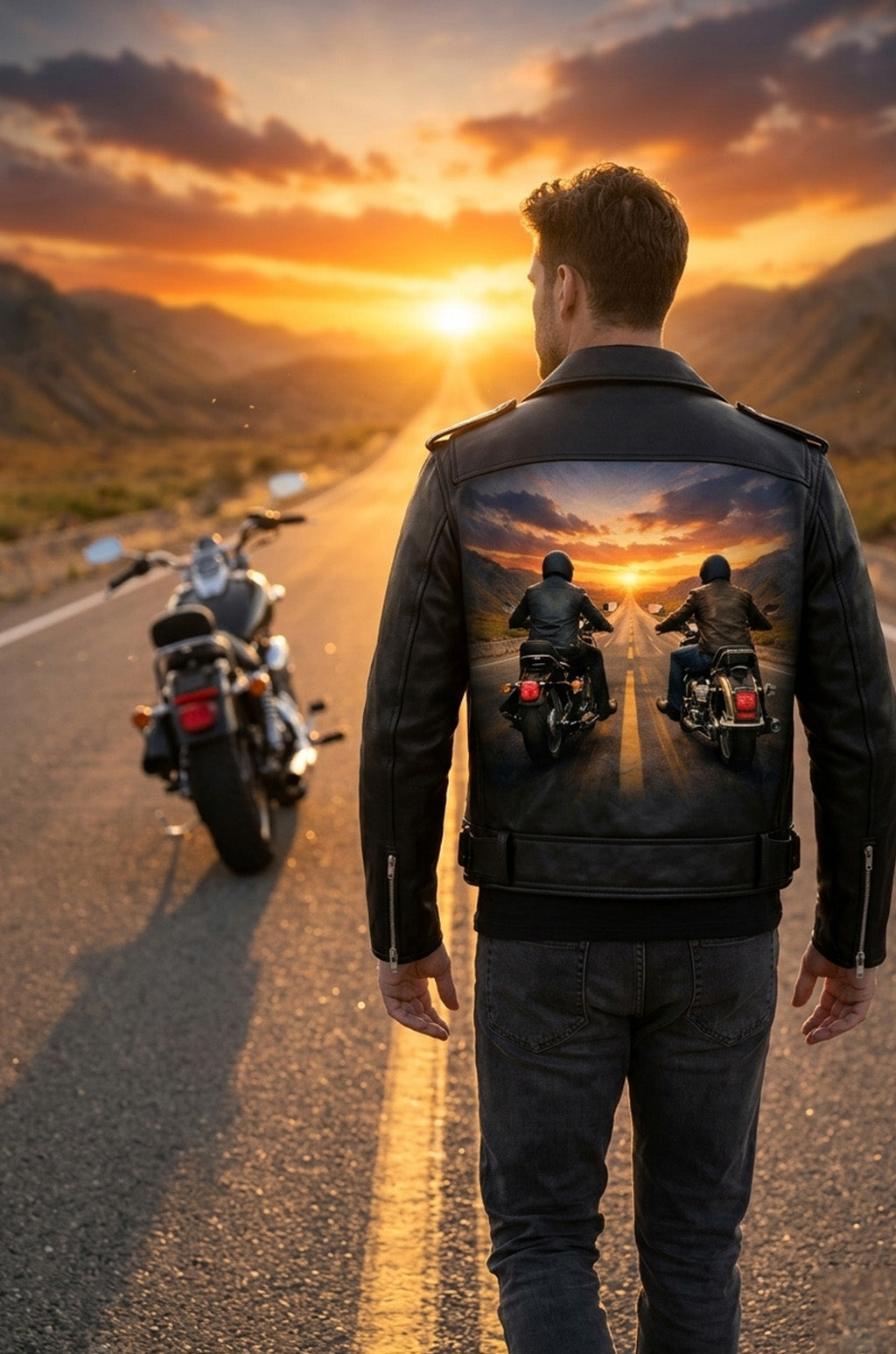 MP004 Sunset Riders Brotherhood Leather Jacket - Two Bikers Riding Into Sunset Design