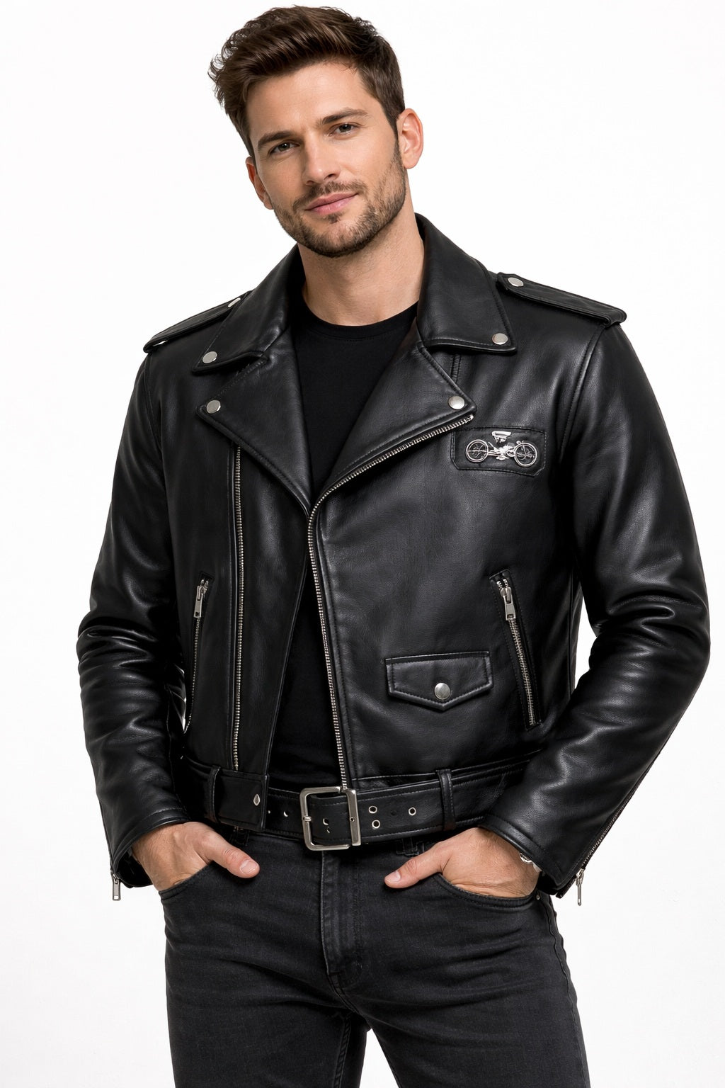 MP004 Sunset Riders Brotherhood Leather Jacket - Two Bikers Riding Into Sunset Design