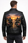 MP004 Sunset Riders Brotherhood Leather Jacket - Two Bikers Riding Into Sunset Design