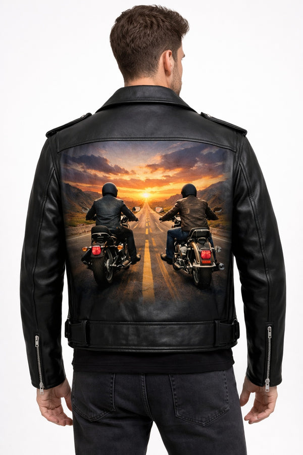 MP004 Sunset Riders Brotherhood Leather Jacket - Two Bikers Riding Into Sunset Design