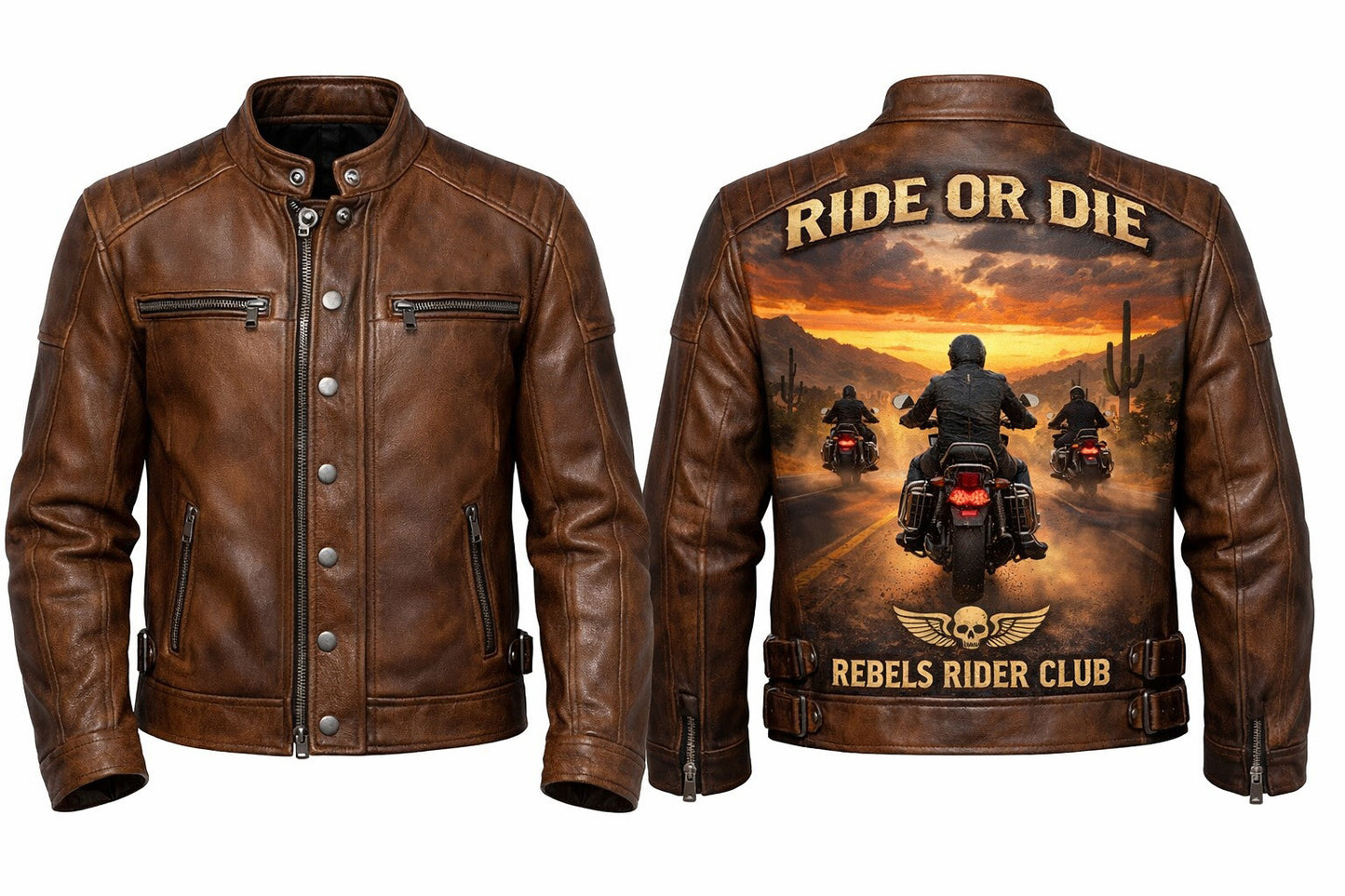 MP005 Ride or Die Rebels Rider Club Leather Jacket - Desert Brotherhood Biker Design