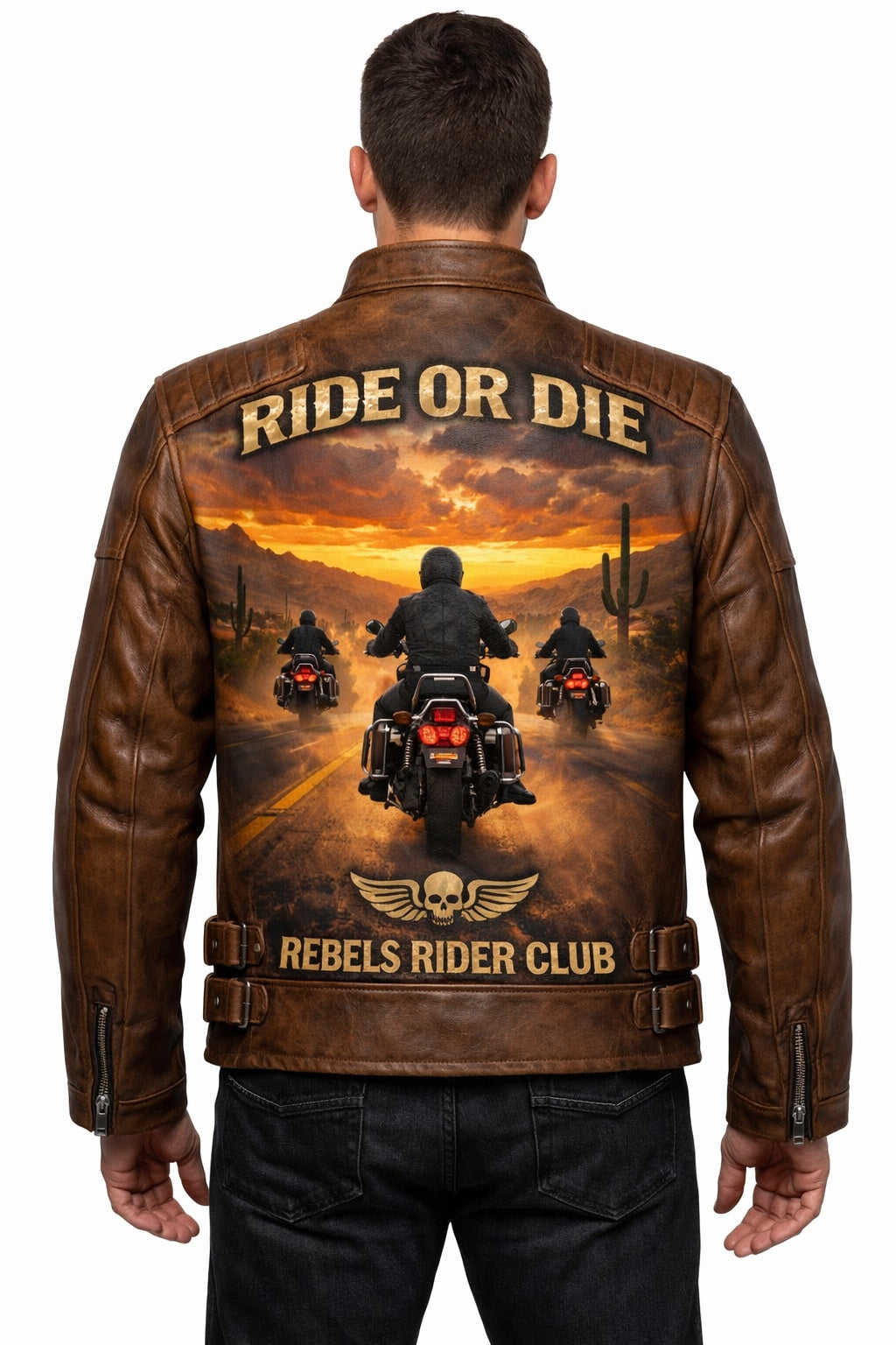 MP005 Ride or Die Rebels Rider Club Leather Jacket - Desert Brotherhood Biker Design