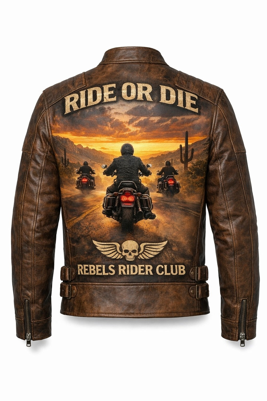 MP005 Ride or Die Rebels Rider Club Leather Jacket - Desert Brotherhood Biker Design