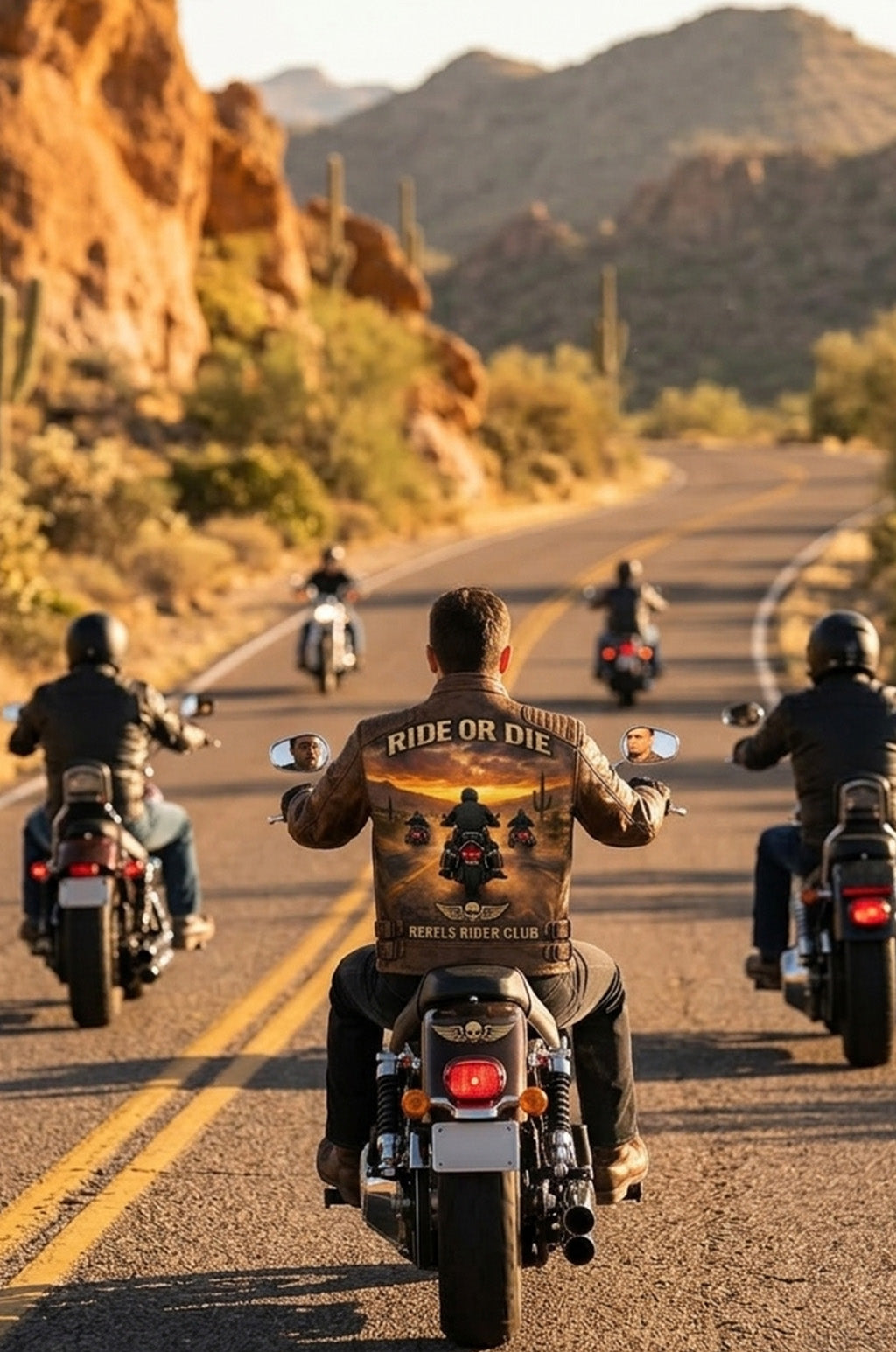 MP005 Ride or Die Rebels Rider Club Leather Jacket - Desert Brotherhood Biker Design