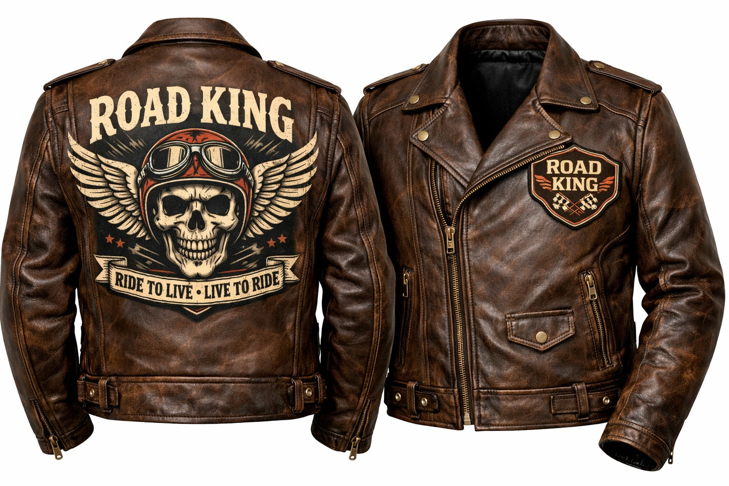 MP007 Road King Vintage Leather Jacket - Winged Skull & "Ride to Live" Biker Design