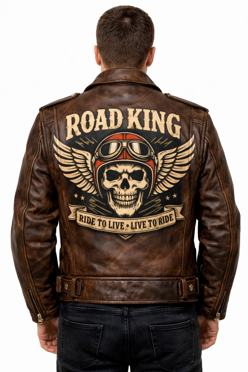 MP007 Road King Vintage Leather Jacket - Winged Skull & "Ride to Live" Biker Design