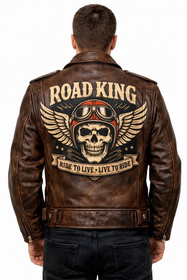 MP007 Road King Vintage Leather Jacket - Winged Skull & "Ride to Live" Biker Design