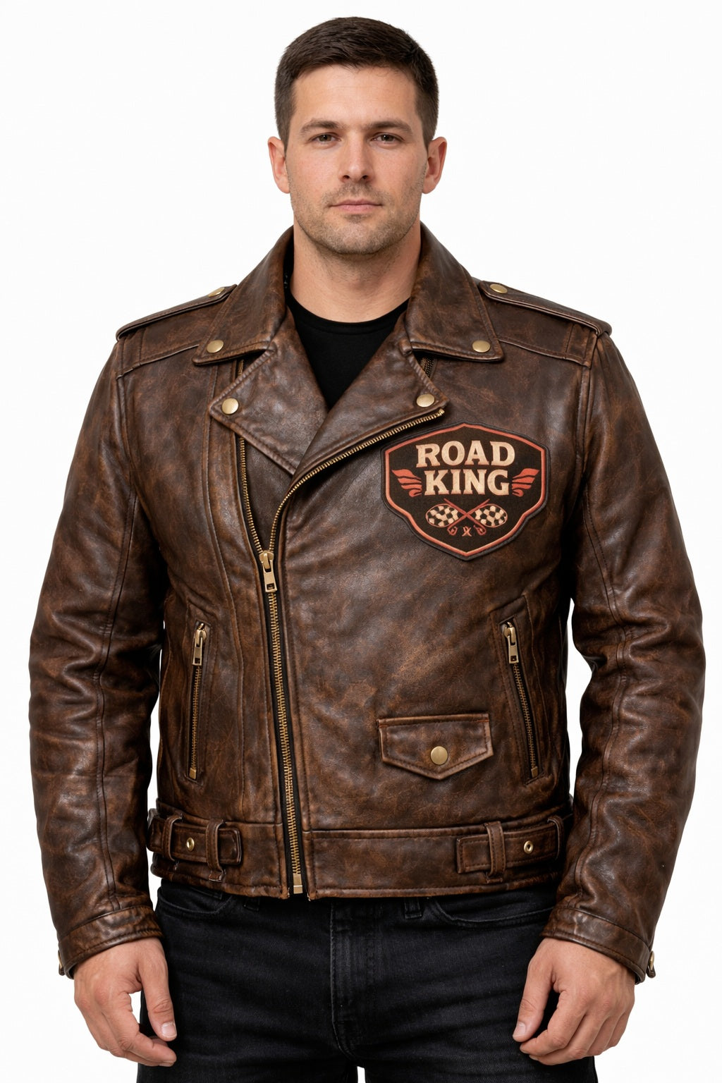 MP007 Road King Vintage Leather Jacket - Winged Skull & "Ride to Live" Biker Design