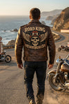 MP007 Road King Vintage Leather Jacket - Winged Skull & "Ride to Live" Biker Design