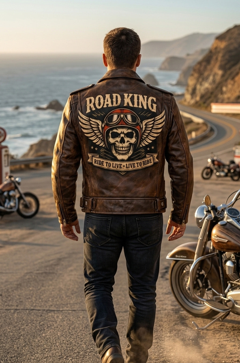MP007 Road King Vintage Leather Jacket - Winged Skull & "Ride to Live" Biker Design