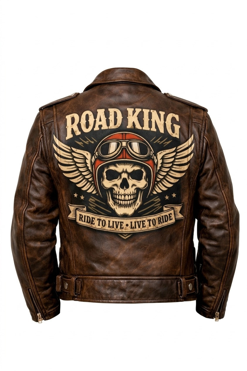 MP007 Road King Vintage Leather Jacket - Winged Skull & "Ride to Live" Biker Design