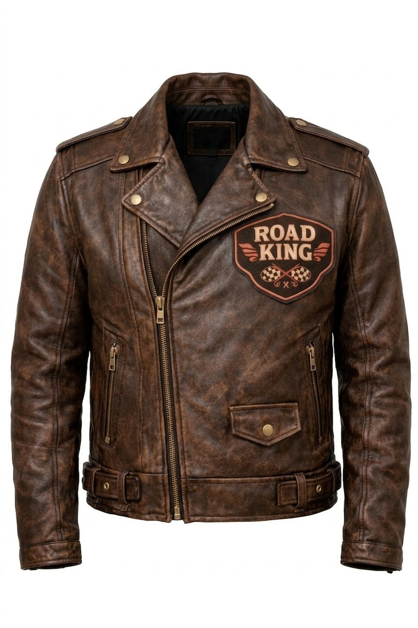 MP007 Road King Vintage Leather Jacket - Winged Skull & "Ride to Live" Biker Design