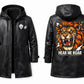 MP008 "Hear Me Roar" Lion Graphic Hooded Leather Coat - Men's Long Black Trench Jacket