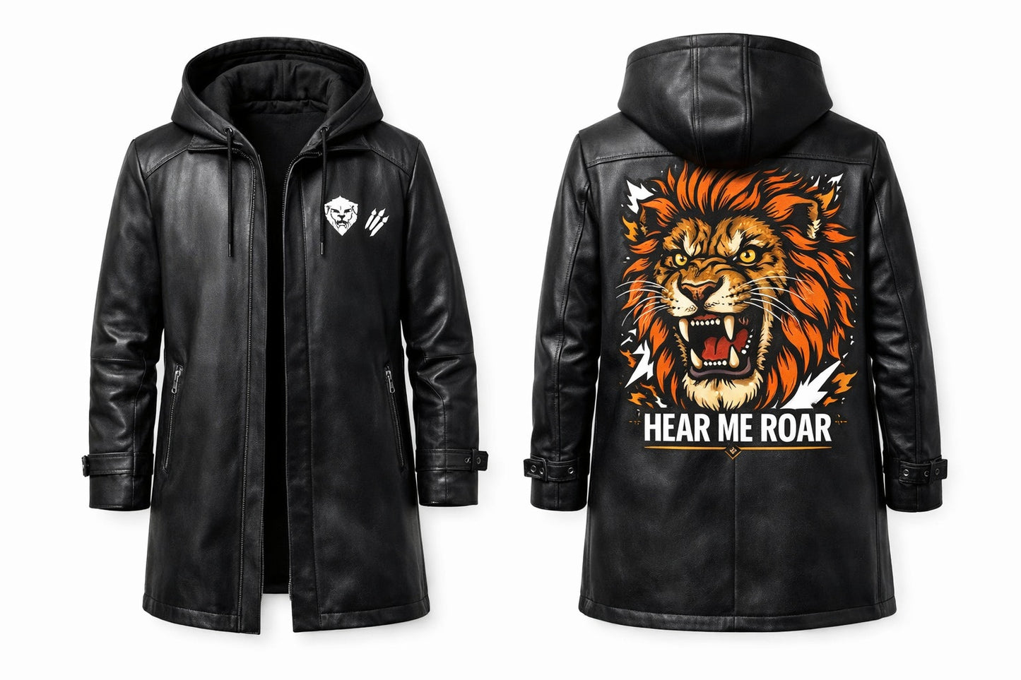 MP008 "Hear Me Roar" Lion Graphic Hooded Leather Coat - Men's Long Black Trench Jacket
