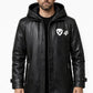 MP008 "Hear Me Roar" Lion Graphic Hooded Leather Coat - Men's Long Black Trench Jacket