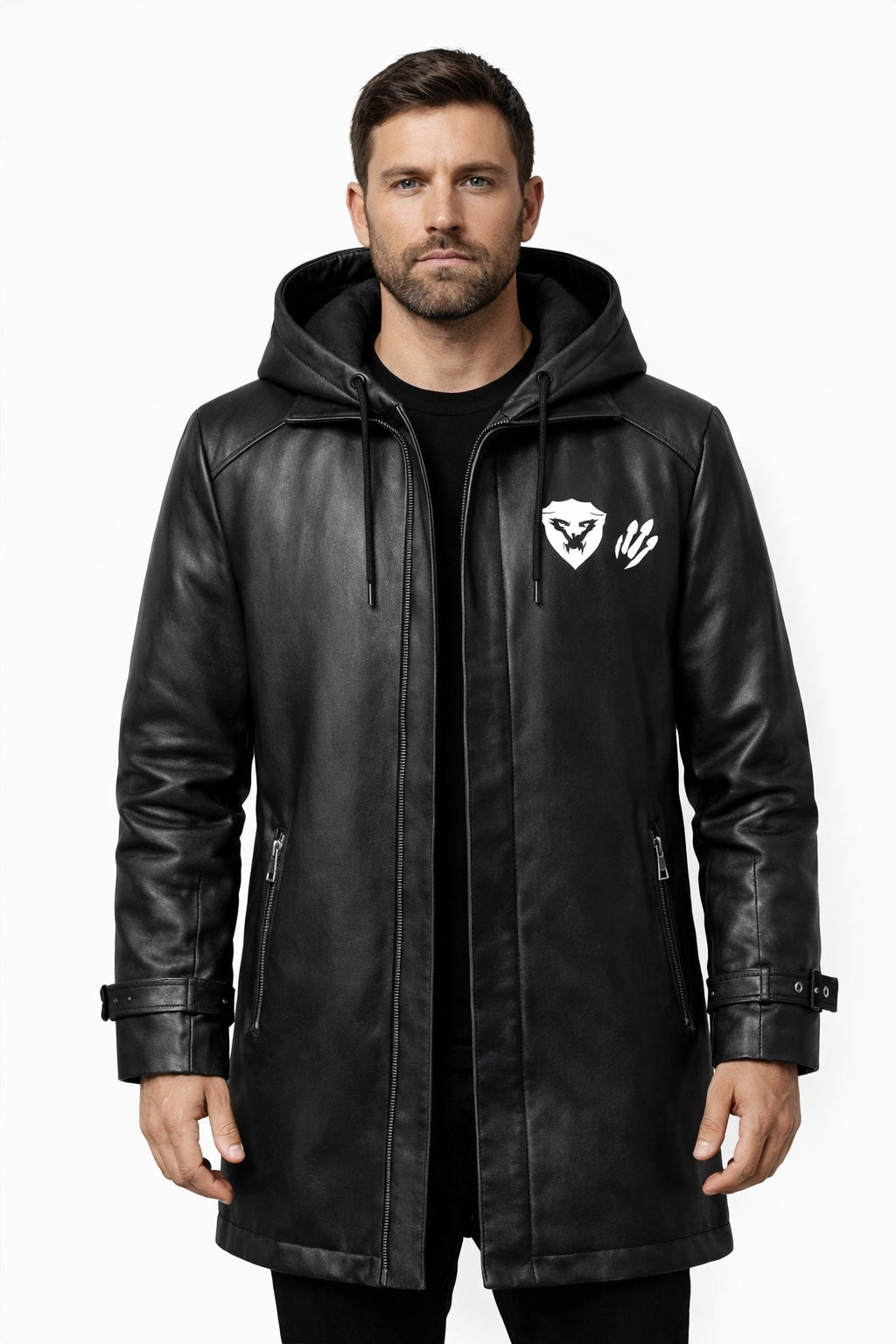 MP008 "Hear Me Roar" Lion Graphic Hooded Leather Coat - Men's Long Black Trench Jacket