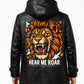 MP008 "Hear Me Roar" Lion Graphic Hooded Leather Coat - Men's Long Black Trench Jacket