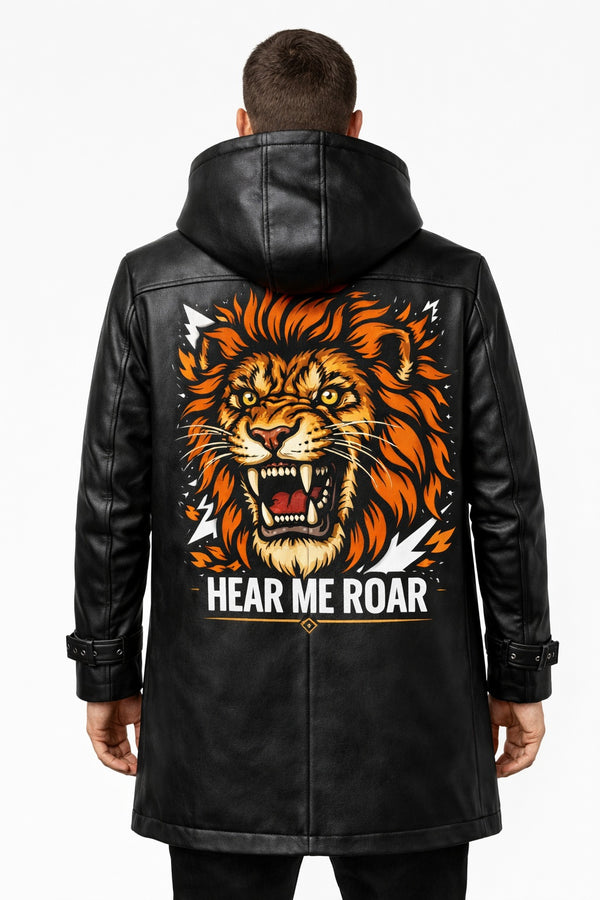MP008 "Hear Me Roar" Lion Graphic Hooded Leather Coat - Men's Long Black Trench Jacket