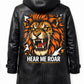 MP008 "Hear Me Roar" Lion Graphic Hooded Leather Coat - Men's Long Black Trench Jacket