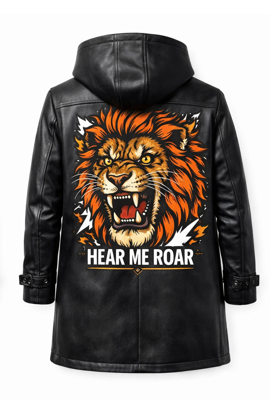 MP008 "Hear Me Roar" Lion Graphic Hooded Leather Coat - Men's Long Black Trench Jacket