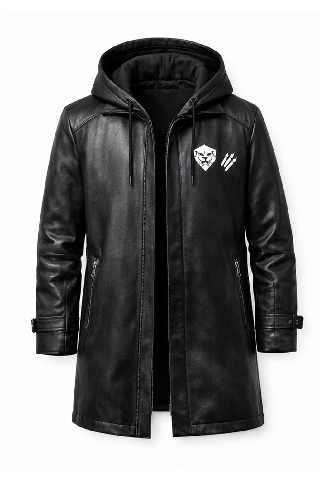 MP008 "Hear Me Roar" Lion Graphic Hooded Leather Coat - Men's Long Black Trench Jacket