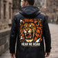 MP008 "Hear Me Roar" Lion Graphic Hooded Leather Coat - Men's Long Black Trench Jacket
