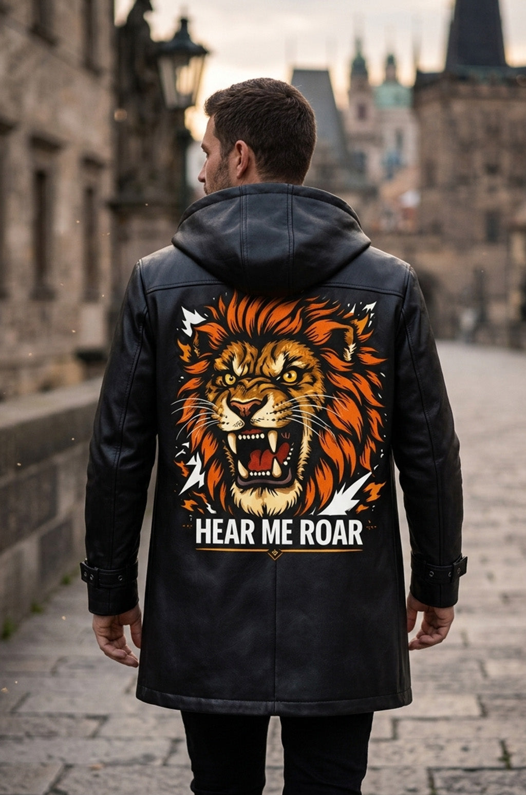 MP008 "Hear Me Roar" Lion Graphic Hooded Leather Coat - Men's Long Black Trench Jacket