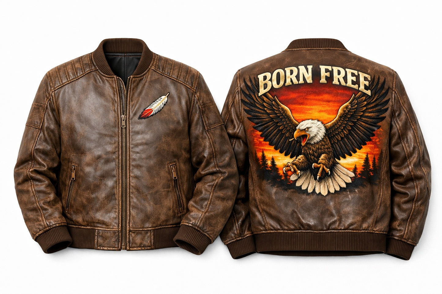 MP009 Born Free Eagle Vintage Leather Bomber Jacket - Patriotic Bald Eagle Flight Jacket