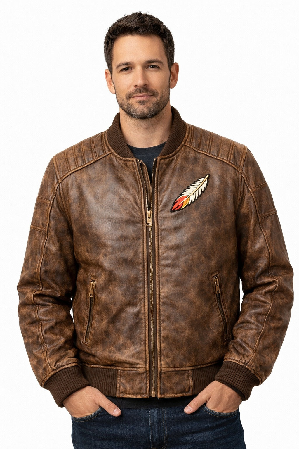 MP009 Born Free Eagle Vintage Leather Bomber Jacket - Patriotic Bald Eagle Flight Jacket