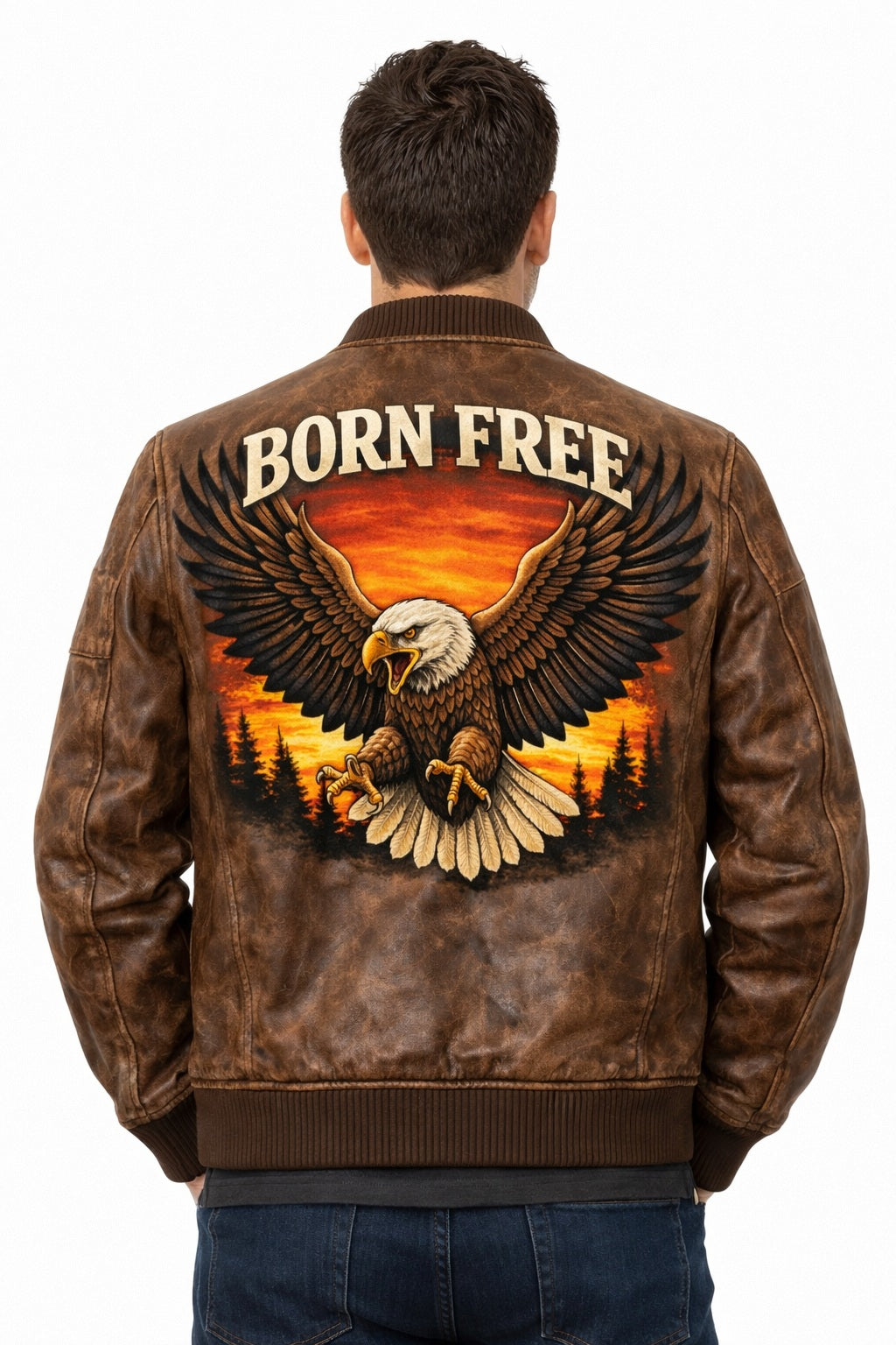 MP009 Born Free Eagle Vintage Leather Bomber Jacket - Patriotic Bald Eagle Flight Jacket