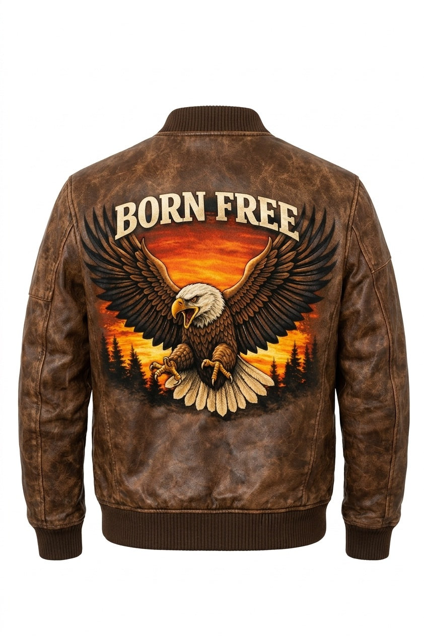 MP009 Born Free Eagle Vintage Leather Bomber Jacket - Patriotic Bald Eagle Flight Jacket
