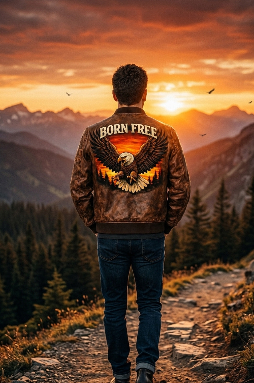 MP009 Born Free Eagle Vintage Leather Bomber Jacket - Patriotic Bald Eagle Flight Jacket