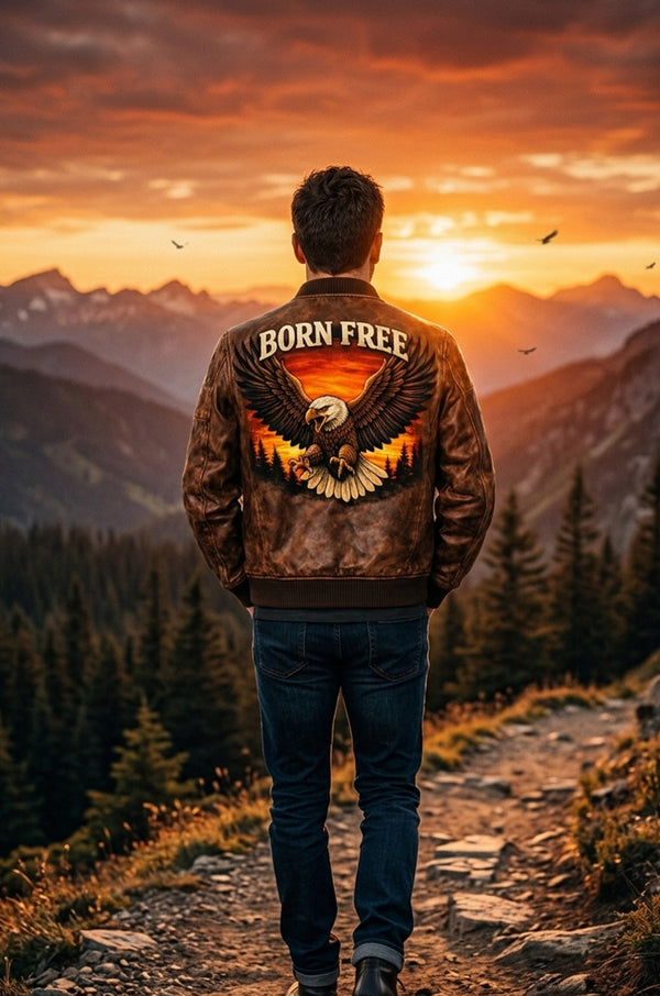 MP009 Born Free Eagle Vintage Leather Bomber Jacket - Patriotic Bald Eagle Flight Jacket