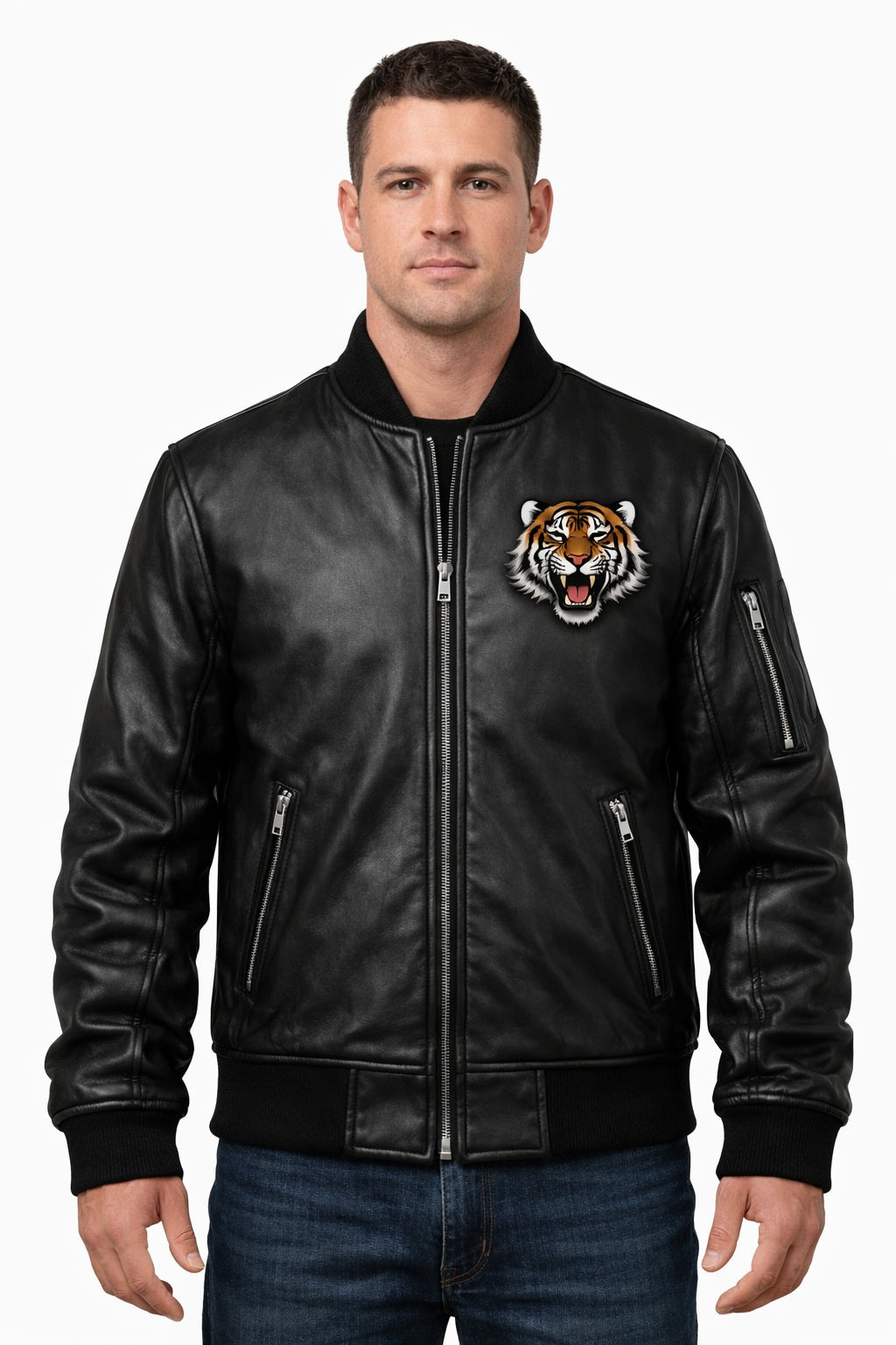 MP010 Unleash Your Fury Tiger Leather Bomber Jacket - Men's Aggressive Graphic Flight Jacket