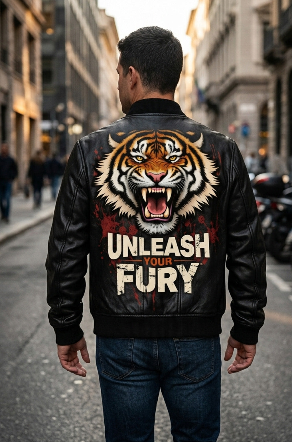 MP010 Unleash Your Fury Tiger Leather Bomber Jacket - Men's Aggressive Graphic Flight Jacket
