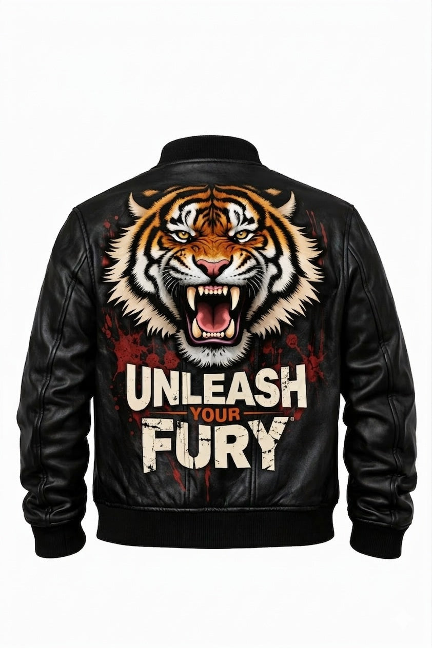 MP010 Unleash Your Fury Tiger Leather Bomber Jacket - Men's Aggressive Graphic Flight Jacket