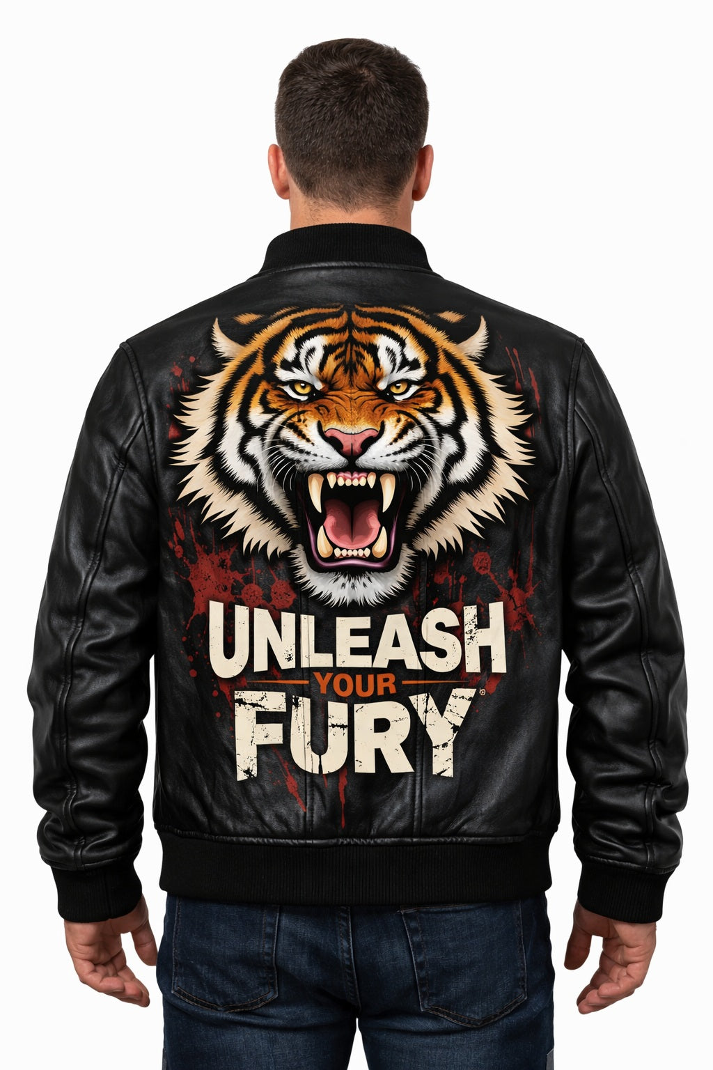 MP010 Unleash Your Fury Tiger Leather Bomber Jacket - Men's Aggressive Graphic Flight Jacket