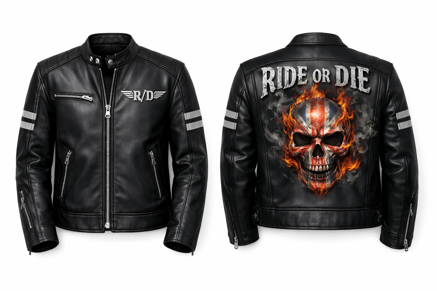 MP011 Ride or Die Union Jack Skull Leather Jacket - British Biker Edition