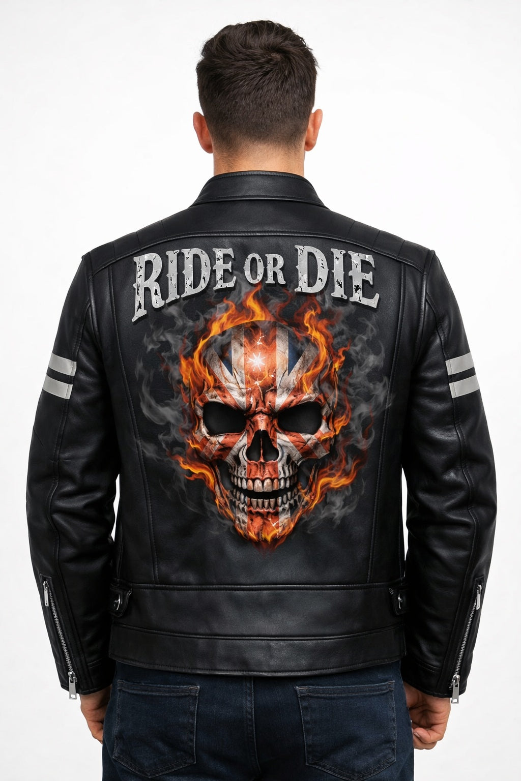 MP011 Ride or Die Union Jack Skull Leather Jacket - British Biker Edition