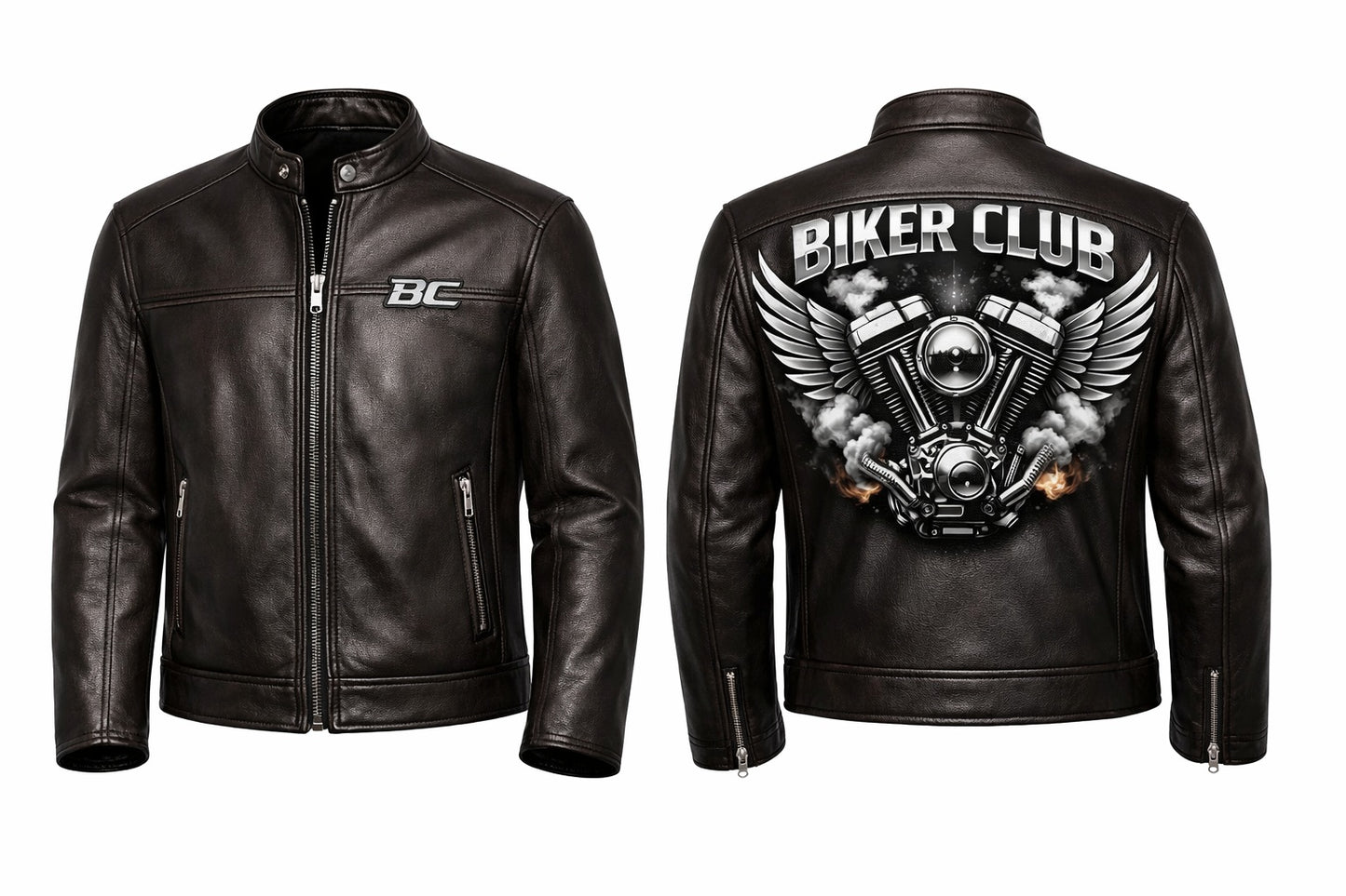 MP012 Biker Club V-Twin Engine Leather Jacket - Winged Motor Graphic Cafe Racer