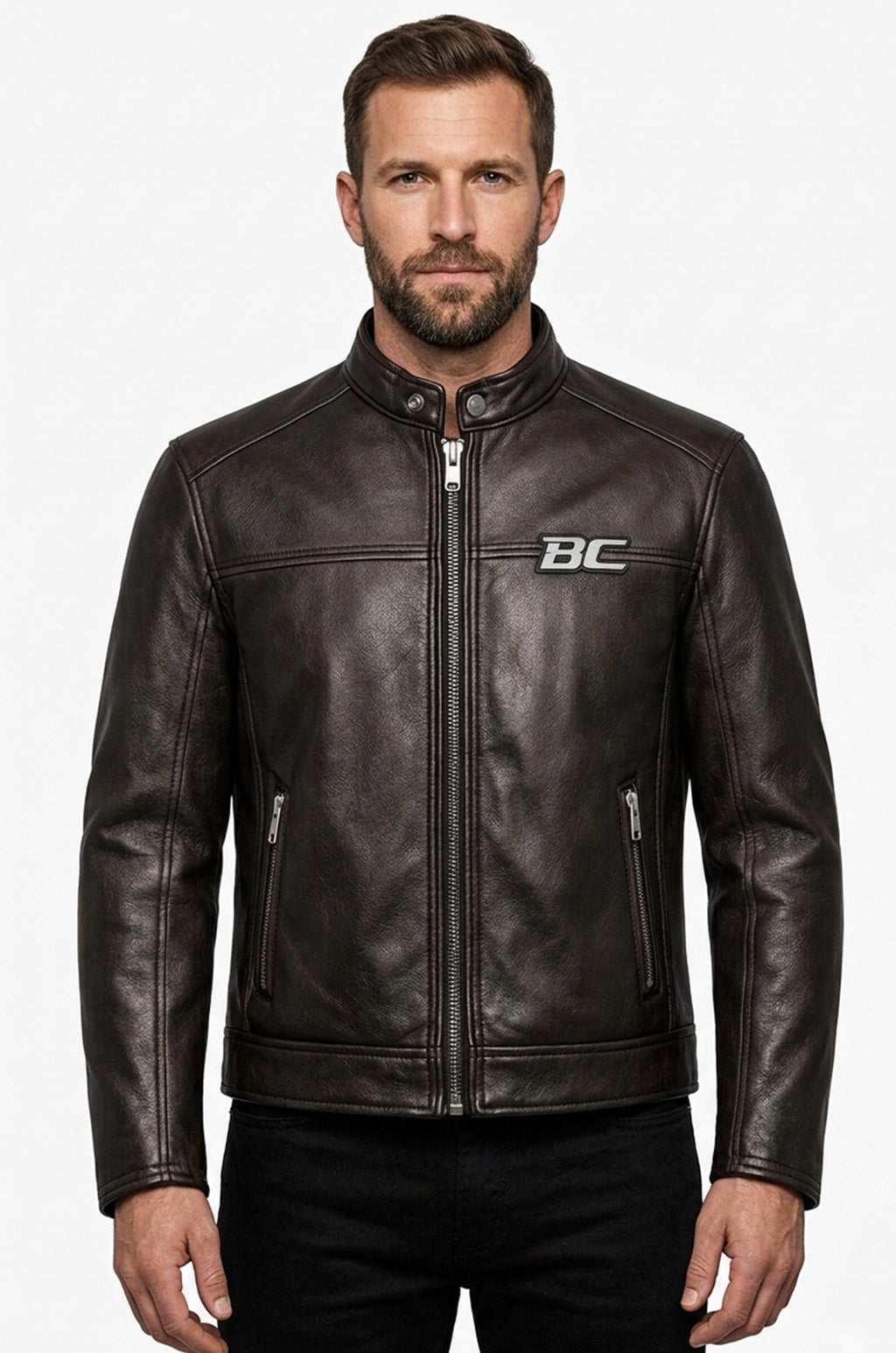MP012 Biker Club V-Twin Engine Leather Jacket - Winged Motor Graphic Cafe Racer