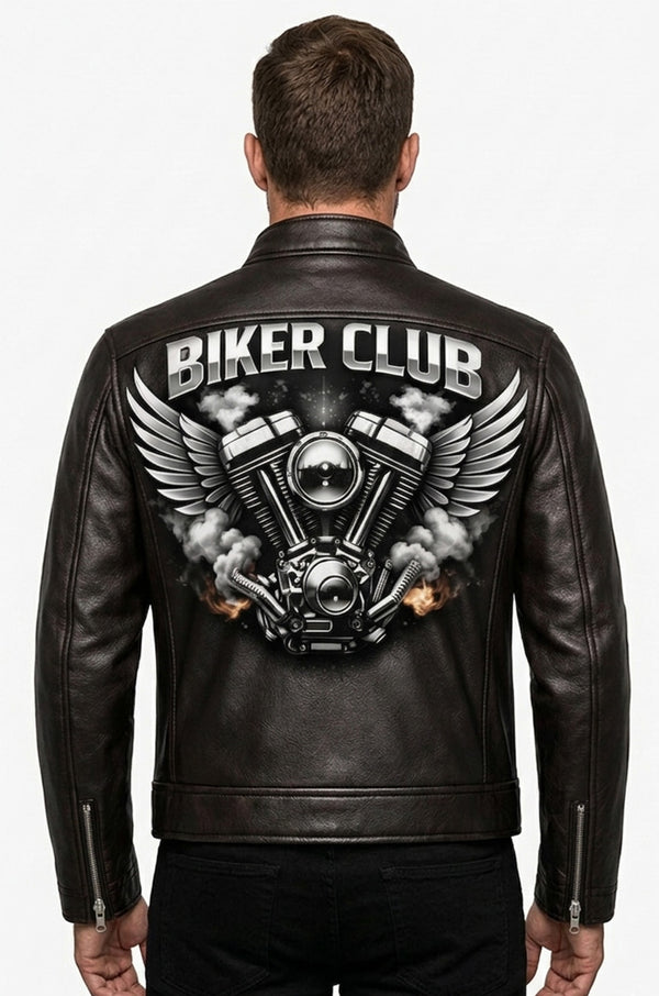 MP012 Biker Club V-Twin Engine Leather Jacket - Winged Motor Graphic Cafe Racer