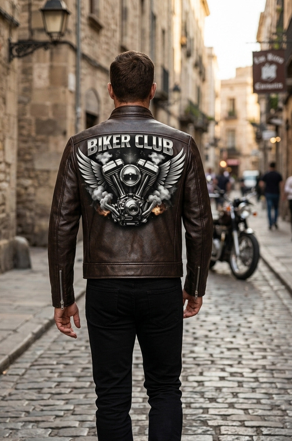 MP012 Biker Club V-Twin Engine Leather Jacket - Winged Motor Graphic Cafe Racer