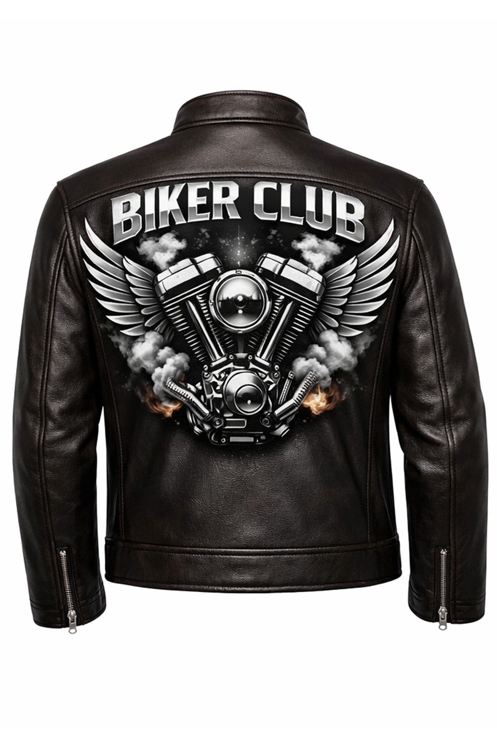 MP012 Biker Club V-Twin Engine Leather Jacket - Winged Motor Graphic Cafe Racer