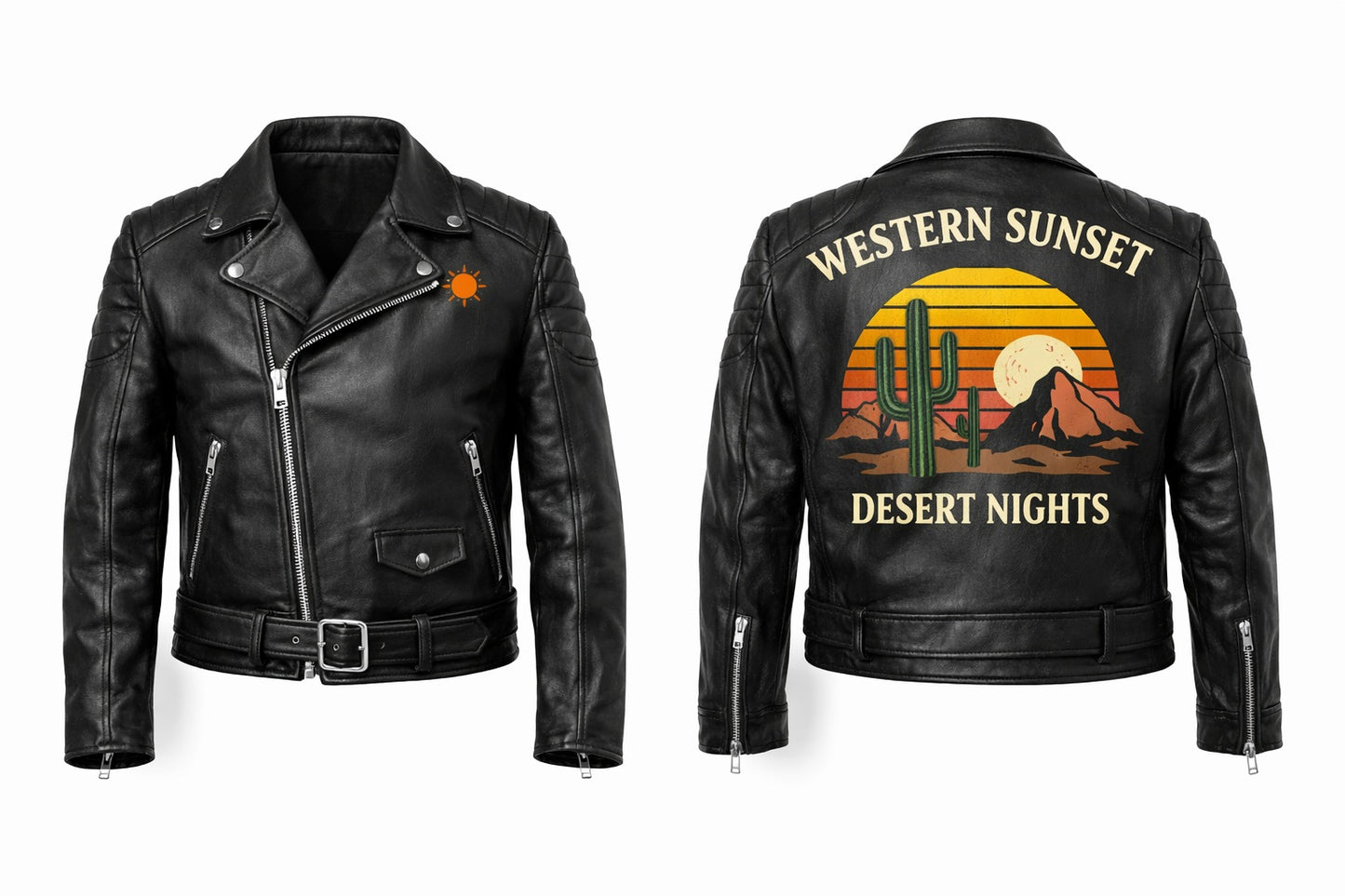 MP013 Western Sunset Desert Nights Retro Leather Biker Jacket - Vintage Cactus Design