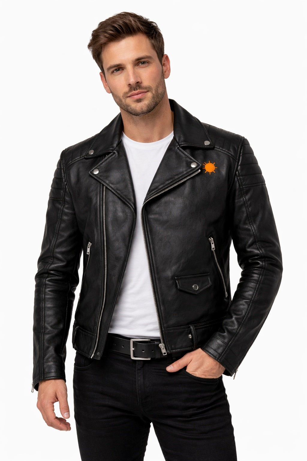 MP013 Western Sunset Desert Nights Retro Leather Biker Jacket - Vintage Cactus Design