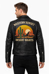MP013 Western Sunset Desert Nights Retro Leather Biker Jacket - Vintage Cactus Design