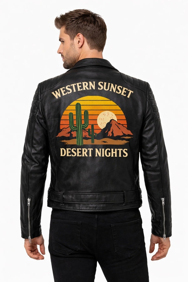 MP013 Western Sunset Desert Nights Retro Leather Biker Jacket - Vintage Cactus Design
