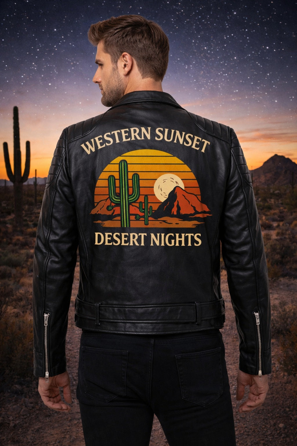 MP013 Western Sunset Desert Nights Retro Leather Biker Jacket - Vintage Cactus Design
